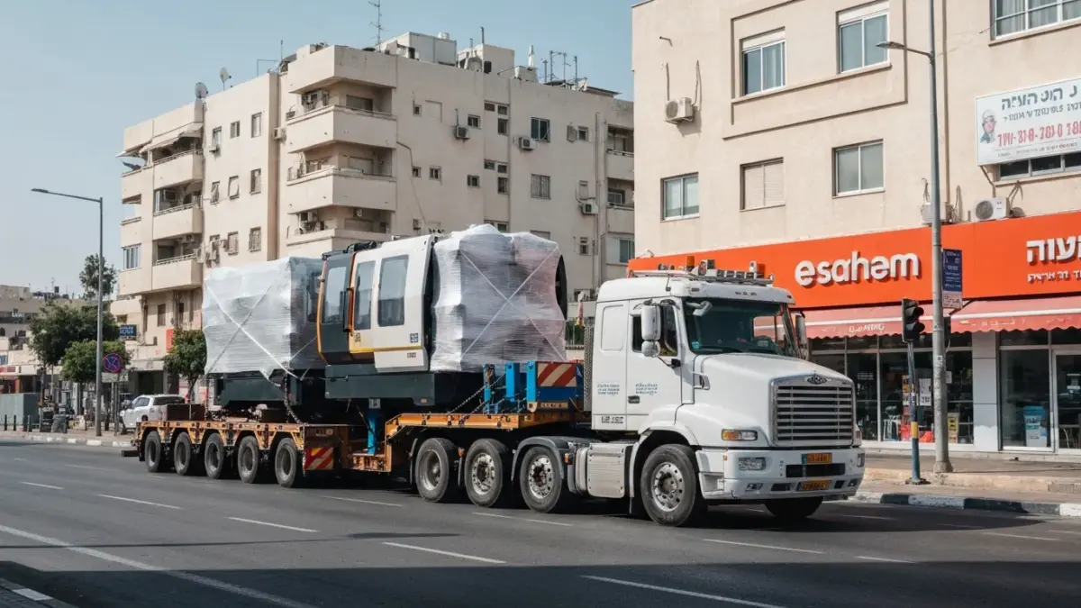שינוע ציוד כבד גוש דן — משאית שטח עם מכונה תעשייתית כבדה