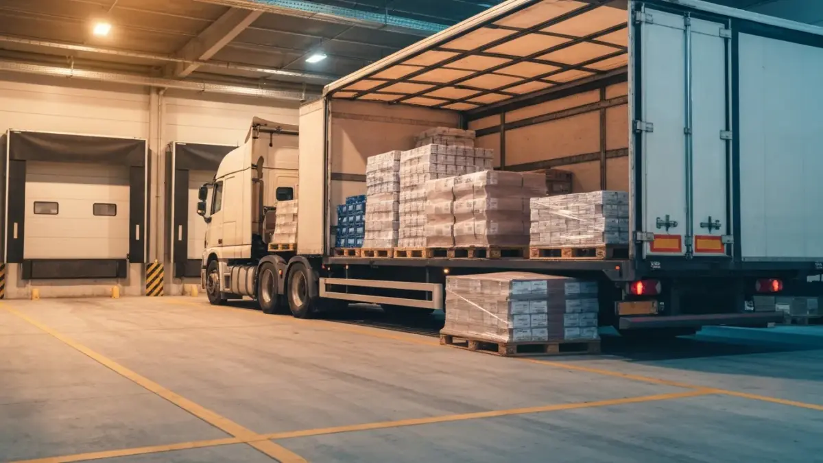 LTL שינוע חלקי – משאית עם מטען חלקי במחסן לוגיסטי
